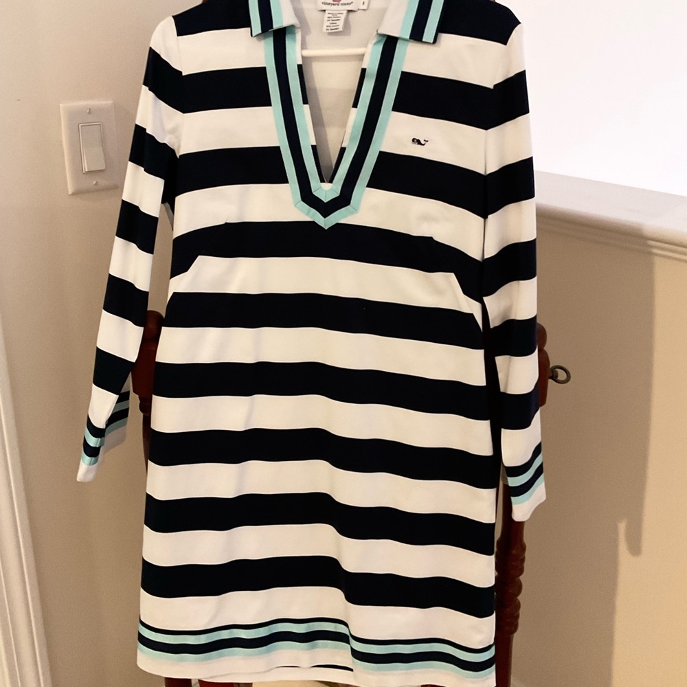 VINEYARD VINES Striped Navy and white long sleeve dress with Teal accent. EUC